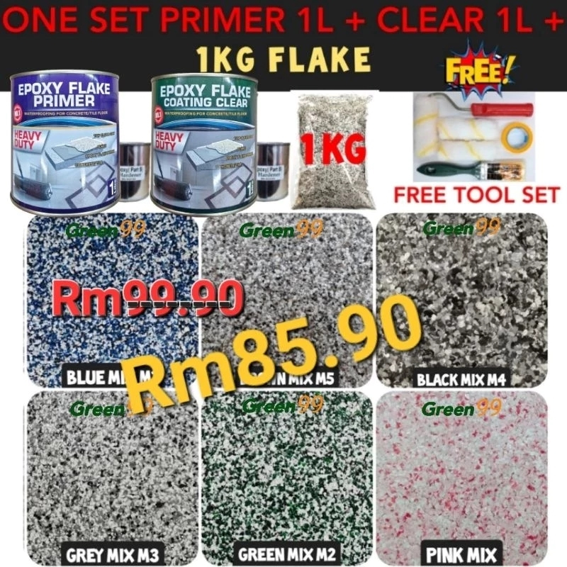 FULL SET (1L PRIMER/1L CLEAR / FLAKE / FREE TOOLS ) Epoxy Colour Flake