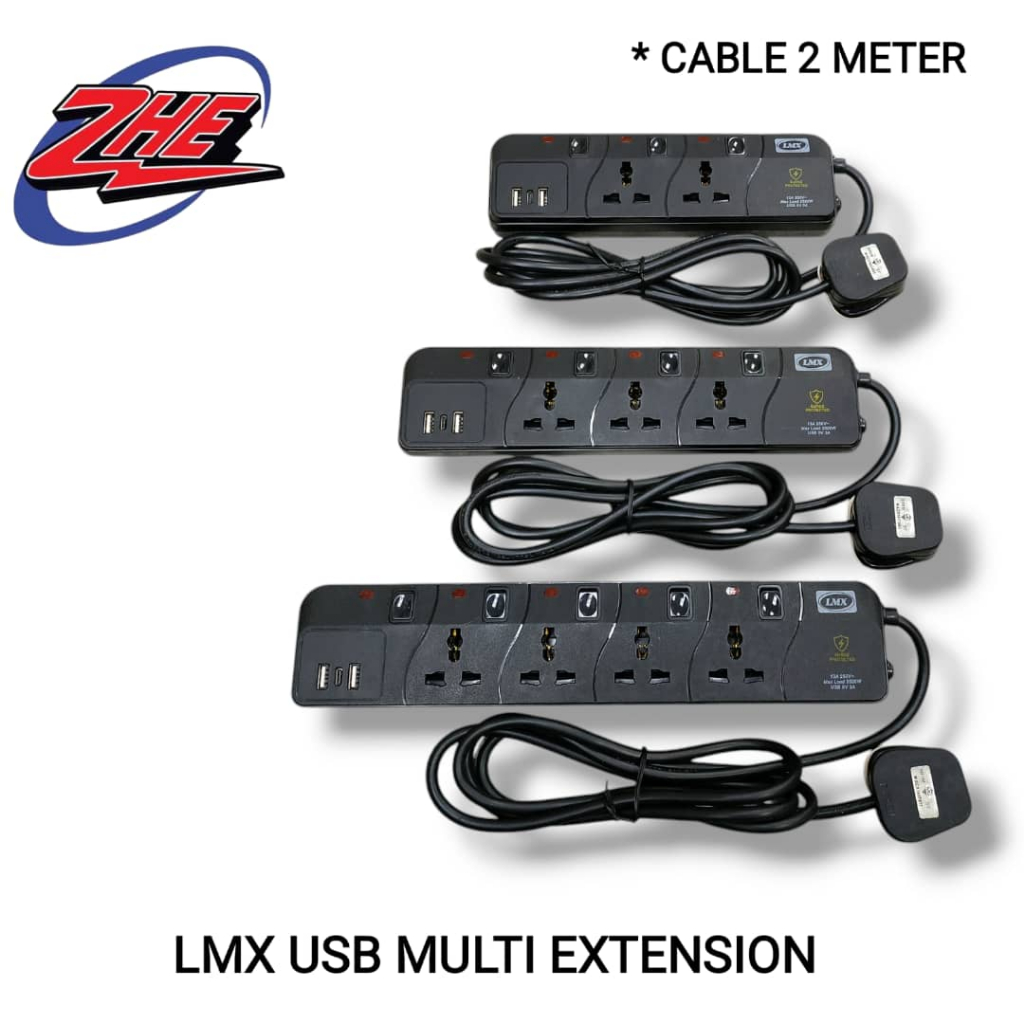 LMX USB-A 2, 3, 4GANG MULTI EXTENSION SOCKET SURGE PROTECTION (2M ...