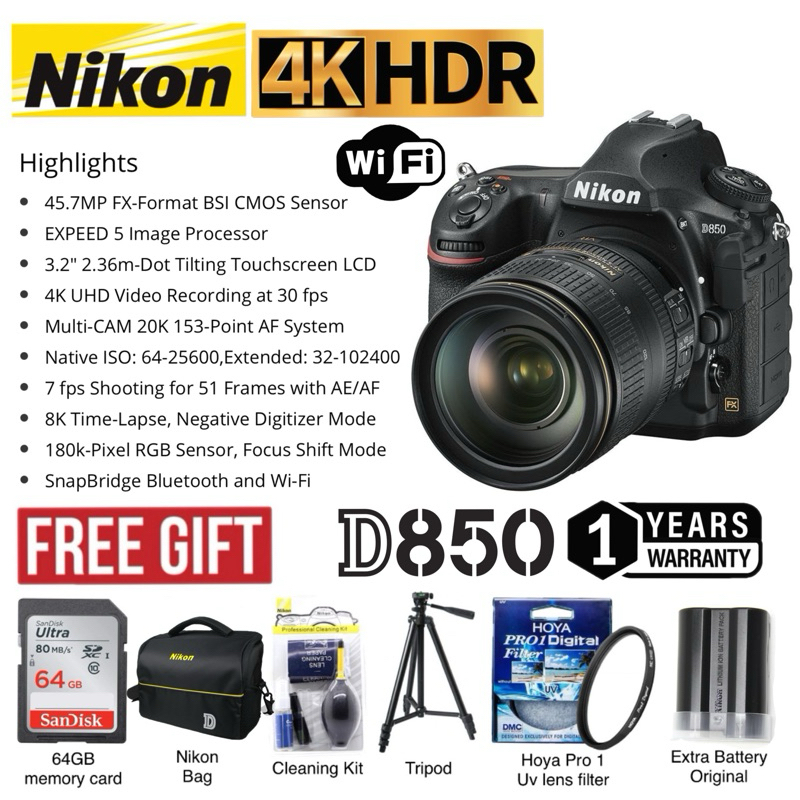 Nikon D850 24-120mm Full Frame WiFi Touch Screen 4K 153 AF