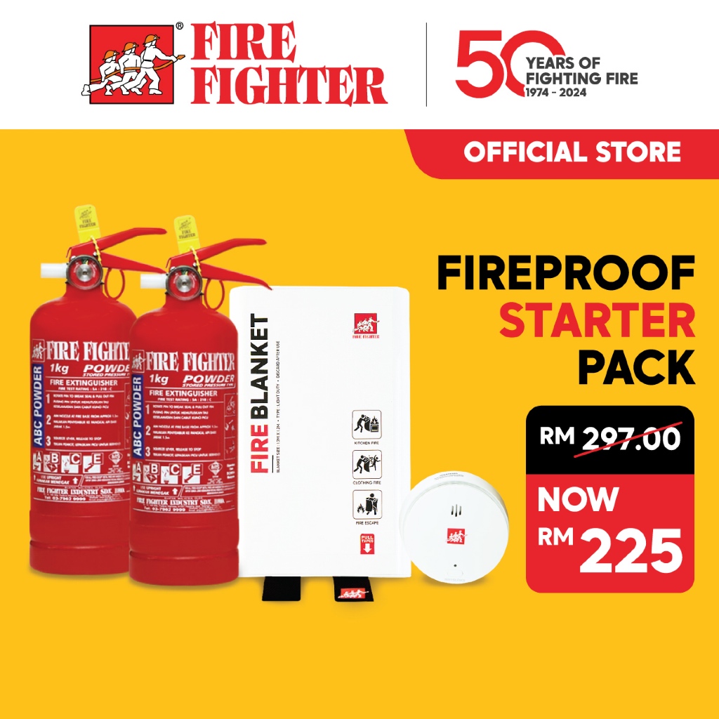 Fire Fighter Fireproof Starter Pack (2x 1kg Fire Extinguisher, 1x 10yr ...