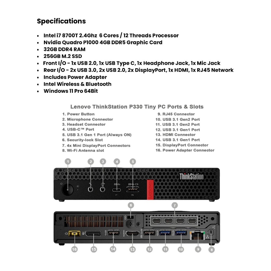USED Lenovo ThinkStation P330 TINY Desktop Intel I7 8700 32GB RAM 256GB 