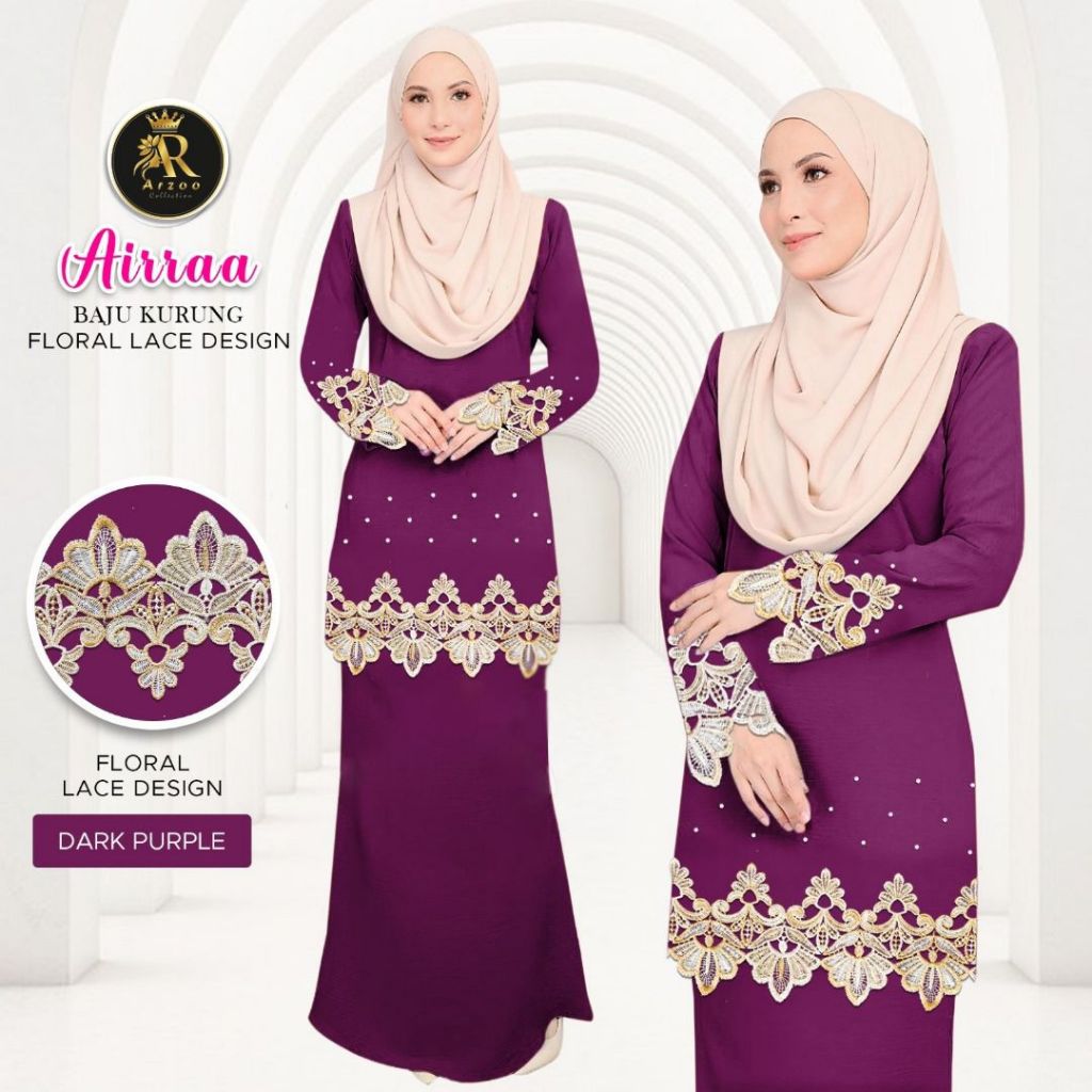 High Quality Baju Kurang Airraa With Flower Design Lace And Batu New Arrival Raya 2025