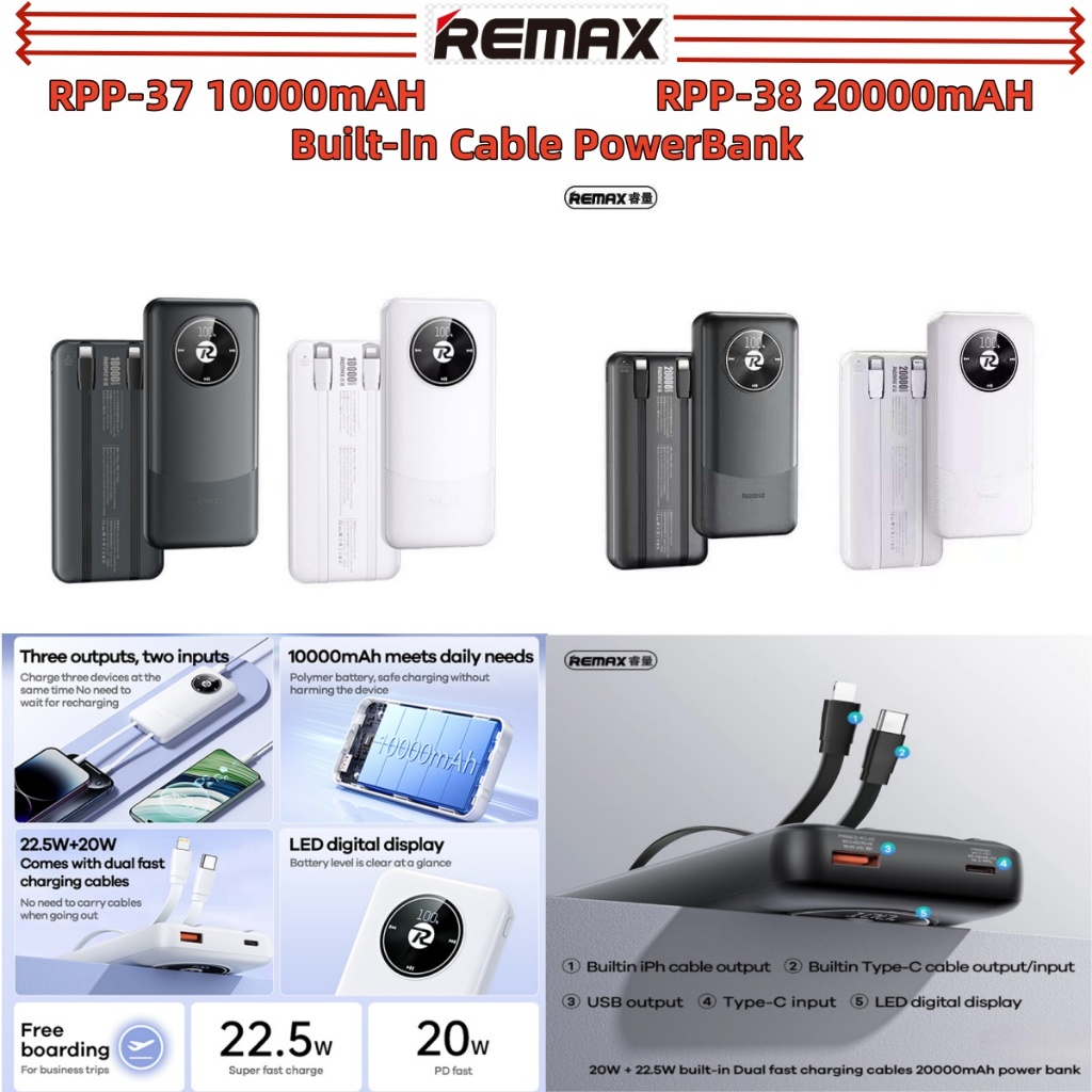 (NO COD) REMAX RPP-37 10000mAh / RPP-38 20mAh 20W+22.5W Built-in Dual ...