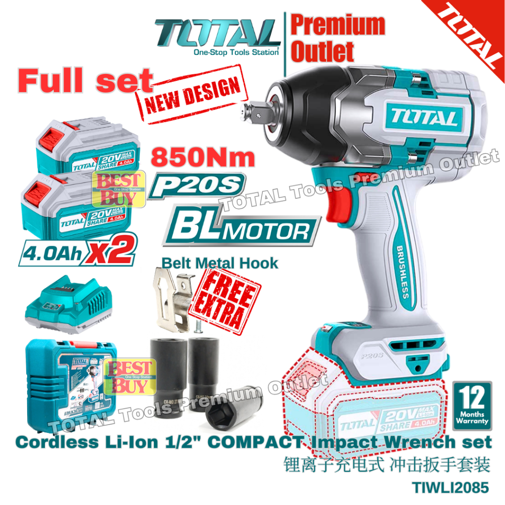 TOTAL Tools 20V series 850Nm BL motor COMPACT Impact Wrench ...