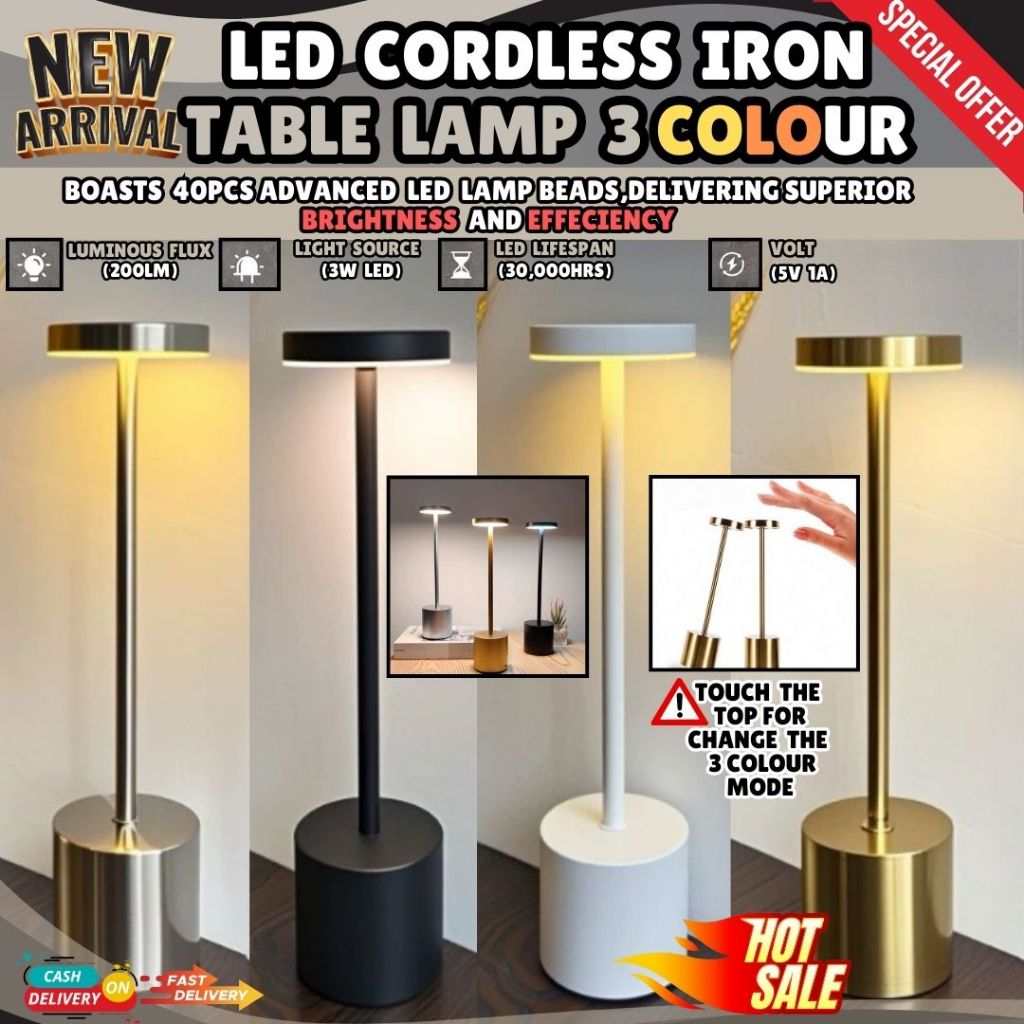 Bar Table Lamp LED Metal 3 Colour Light Dimmable USB Rechargeable Touch ...