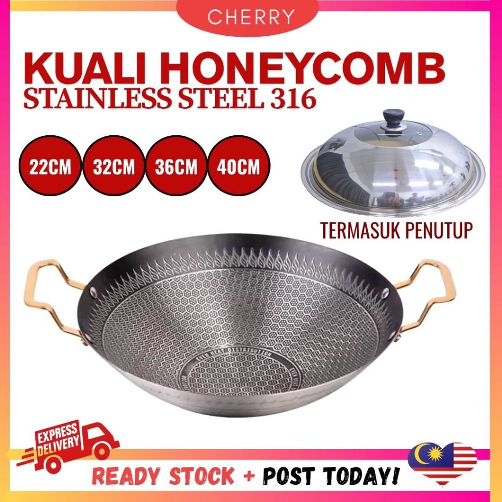 🍒CHERRY🍒 Kuali Wok Honeycomb Keluli Tahan Karat | Anti-Lekat | Pemegang ...