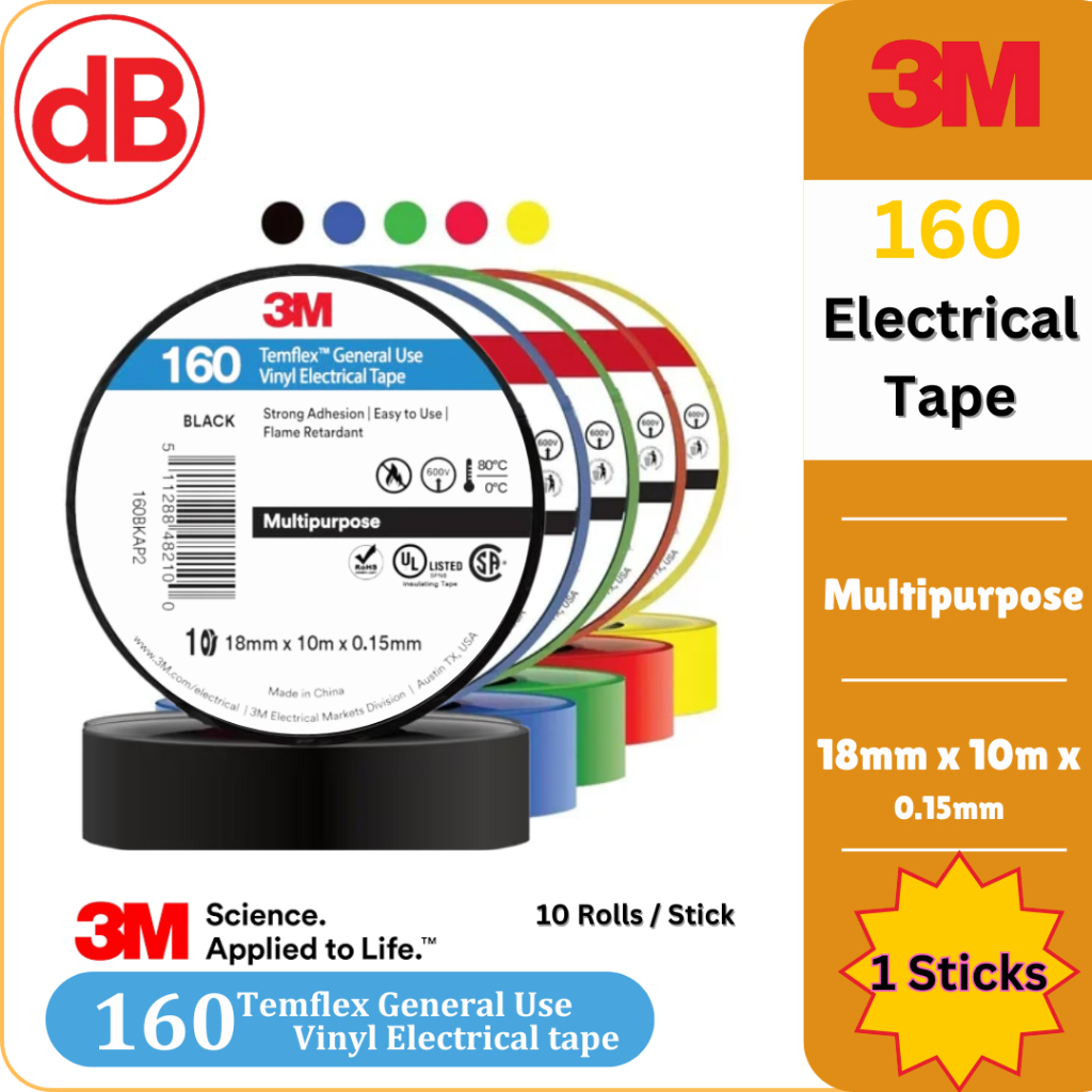 (Ready Stock) 3M 160 temflex vinyl electrical tape, color: black, size ...