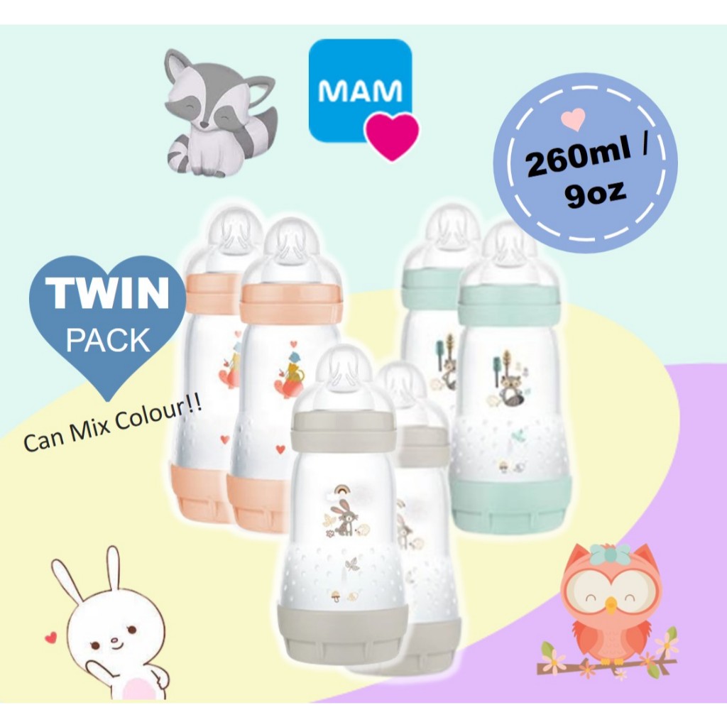 MAM 9oz/ 260ml TWIN Pack Anti-Colic Baby Feeding Bottle (Blue/Peach ...