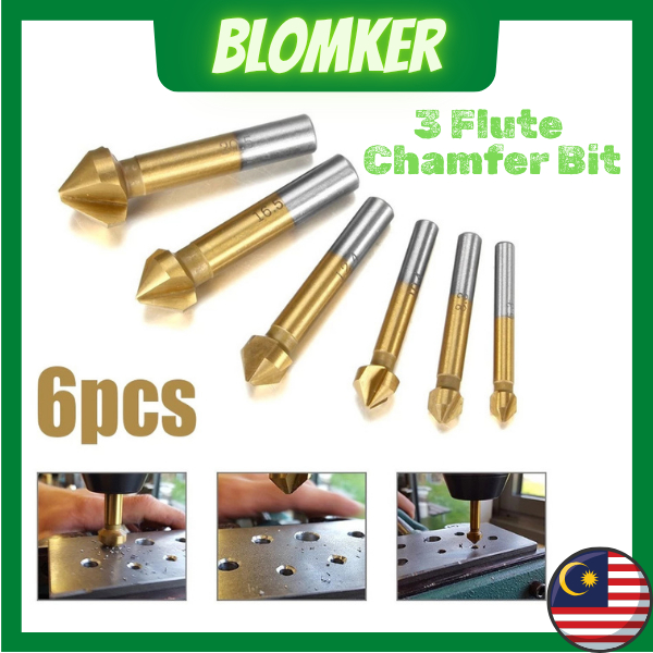 6Pcs 3 Flute HSS Titanium Chamfer Chamfering End Mill Cutter Bit ...