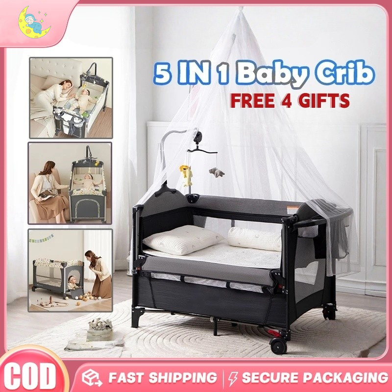 5-in-1 Foldable Convertible Baby Crib - Adjustable Height, Rocking Mode ...