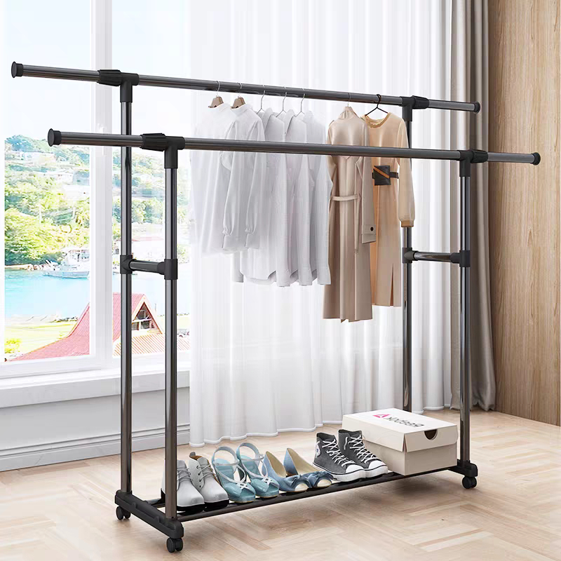 Single Double Pole Strong Steel Clothes Rack Extendable Cloth Organizer ...