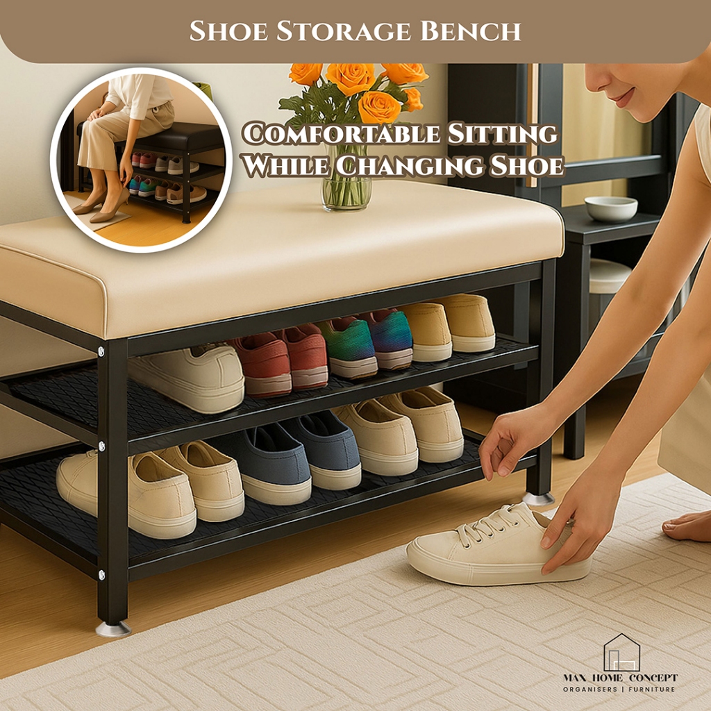 Shoe Changing Stool 2 in 1 Shoe Storage | Metal Shoe Rack With Soft ...