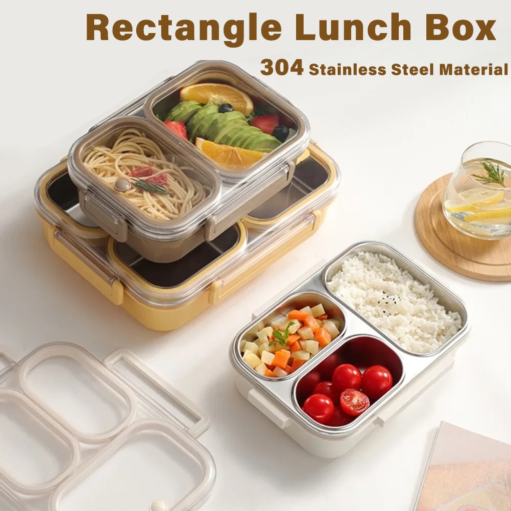 2/3/4Grids Stainless Steel Rectangle Lunch Box Leakproof Food Storage ...