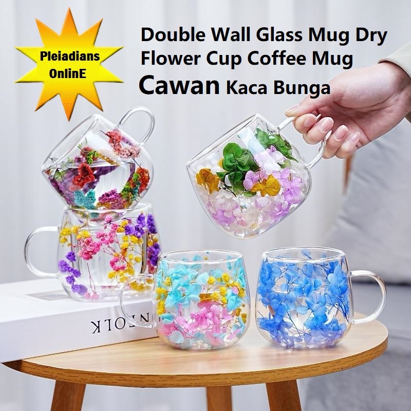 HOMIEE Double Wall Glass Mug Dry Flower Cup Coffee Mug Cawan Kaca Bunga ...