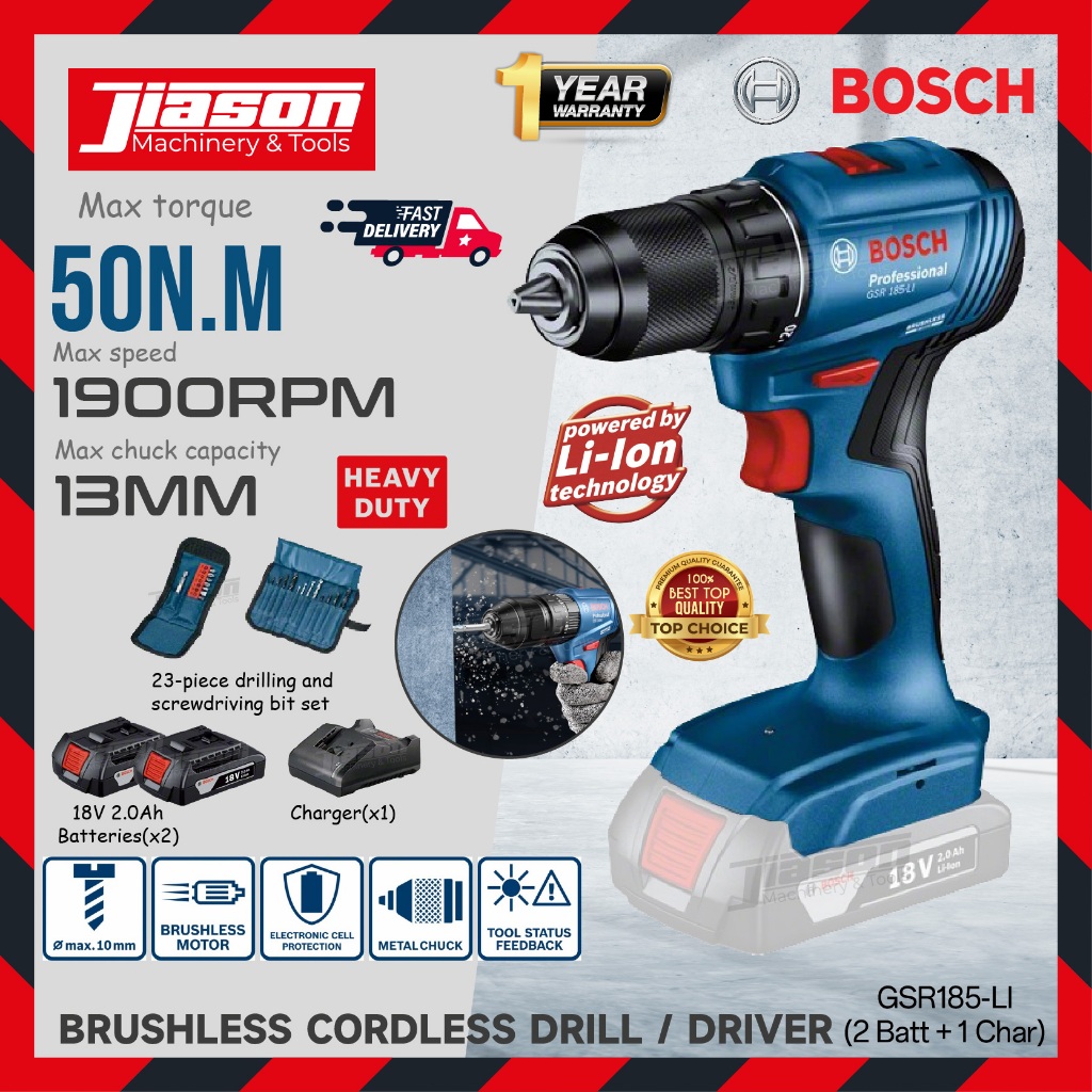 BOSCH GSR185-LI / GSR 185-LI 18V 50NM Brushless Cordless Drill Driver ...
