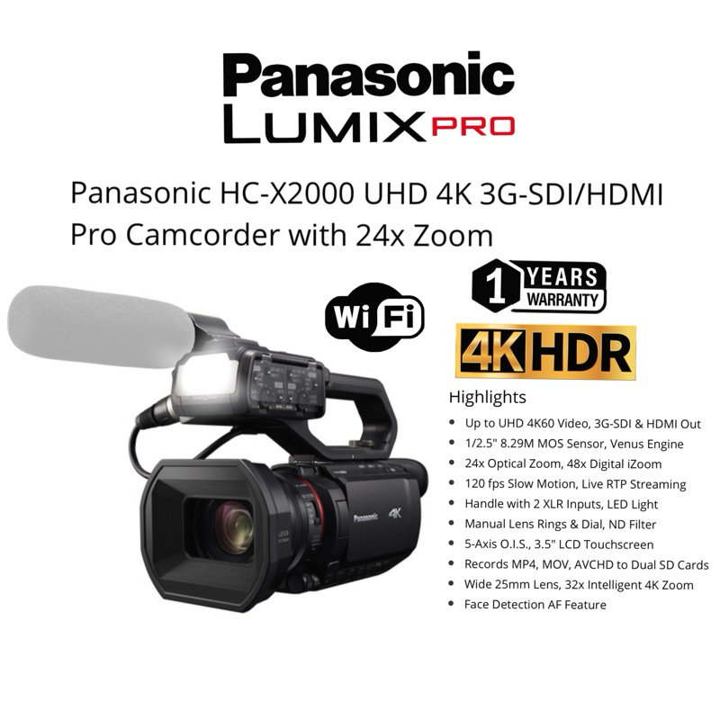 PANASONIC HC-X2000 UHD 4K 3G-SD/HDMI PRO CAMCORDER WITH 24X ZOOM 120FPS ...