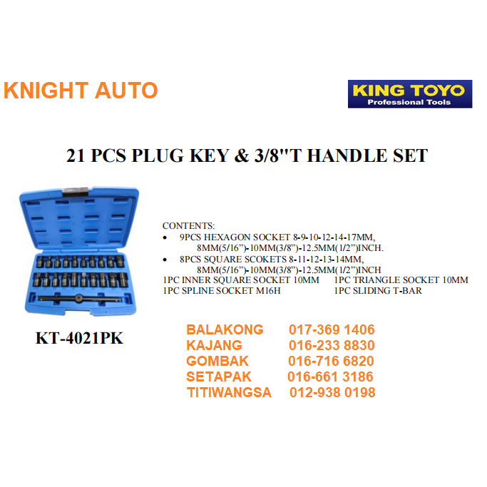 KING TOYO KT-4021PK 21 PCS PLUG KEY & 3/8