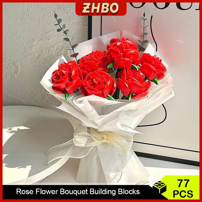 Valentine gift bunga Rose Flower Bouquet Building Blocks Creative DIY ...