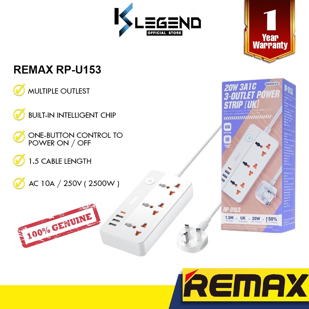 [ready stock!!!]Remax RP-U153 power outlet 1.5m long size 20W+2500W ...