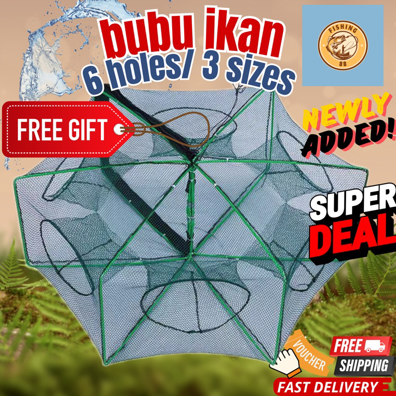 【6 holes】Bubu ikan/ square Folding Fishing Net Shrimp Cage Nylon Crab ...