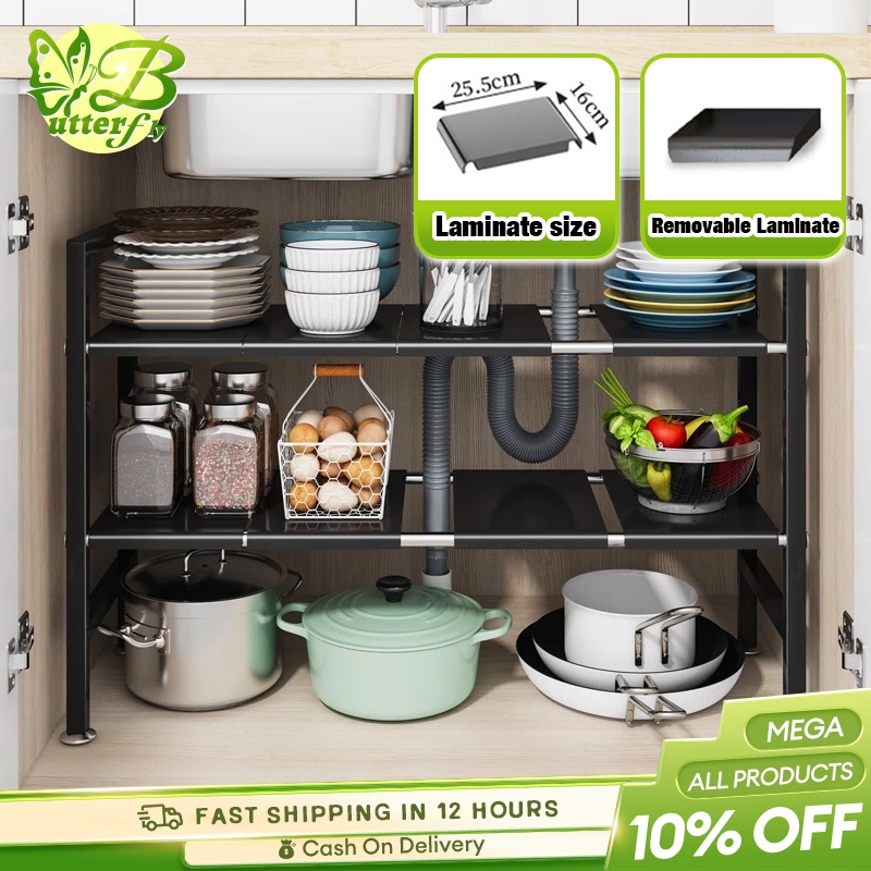 1L&2L Extendable Stainless Steel Under Sink Rack Kitchen Organizer ...