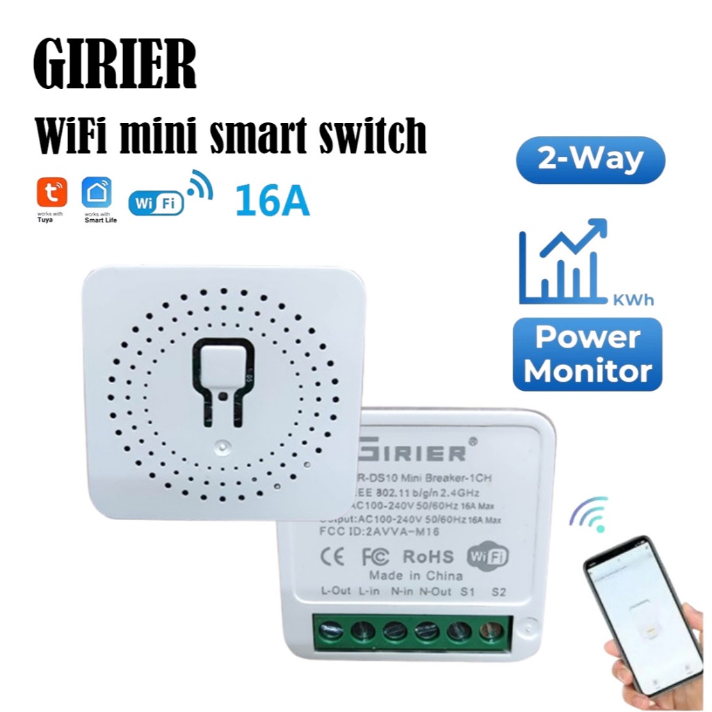 Girier WiFi Switch 16A Mini DIY LED Light switch Support Smart Life APP ...