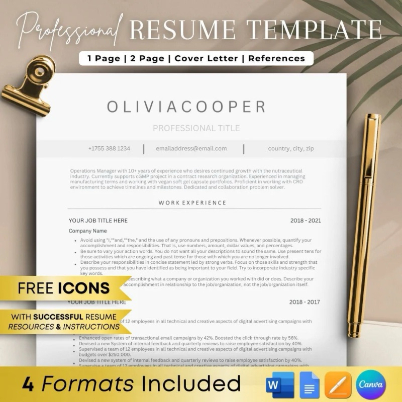 ATS Friendly Resume Template - Minimalist Design for Word, Pages ...