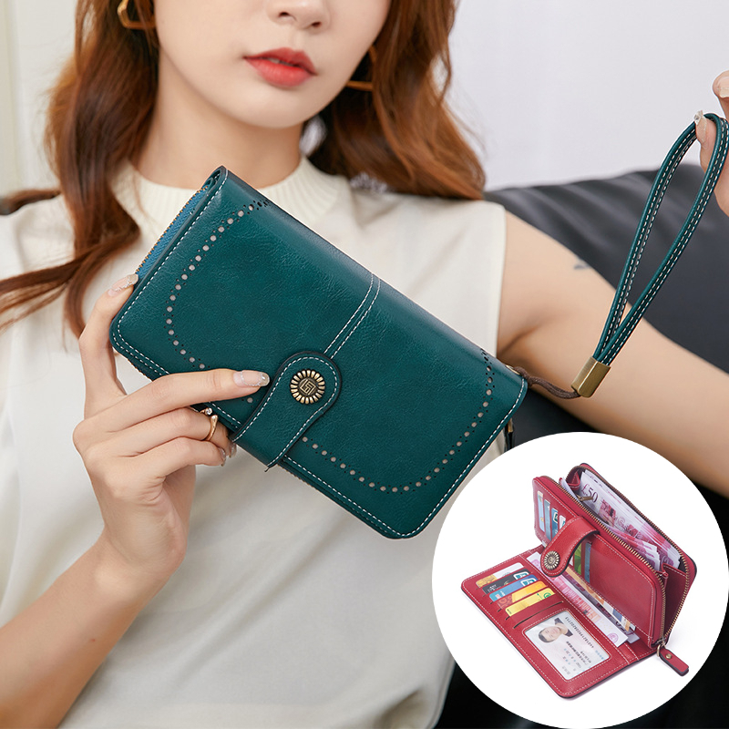 [NEW] Women's Tri-Fold Wallet Large Capacity Oil Wax Leather Wallet ...