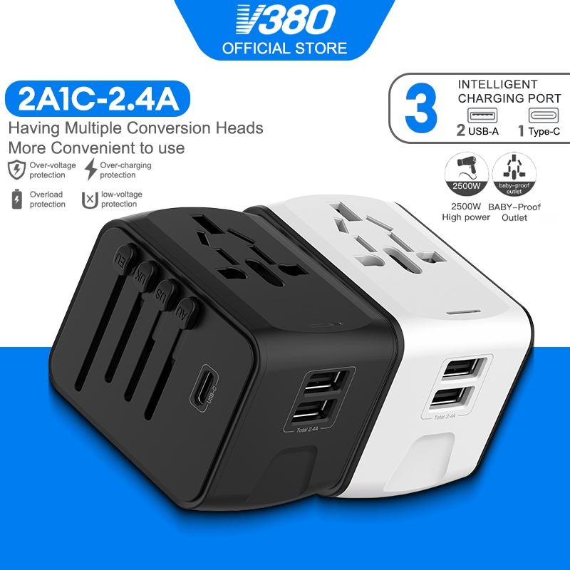 V380 Pro 2.4A 2A1C US EU UK AUS Plug USB C USB A 3Ports GaN Fast Charger for iPhone 16 15 Pro Macbook Air iPad Samsung