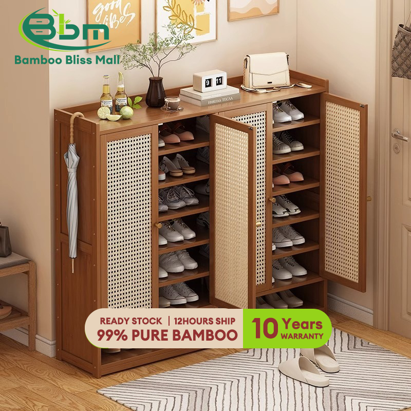 BBM Bamboo Shoe Cabinet 2/3/4 Door Rattan Shoe Rack Rak Kasut Bertutup ...