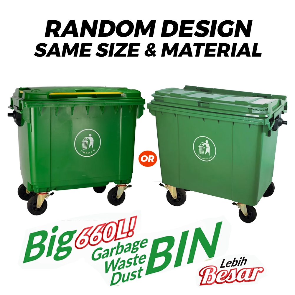 660L Tong Sampah Besar Hijau Bertutup Beroda Outdoor Dustbin with Wheel ...