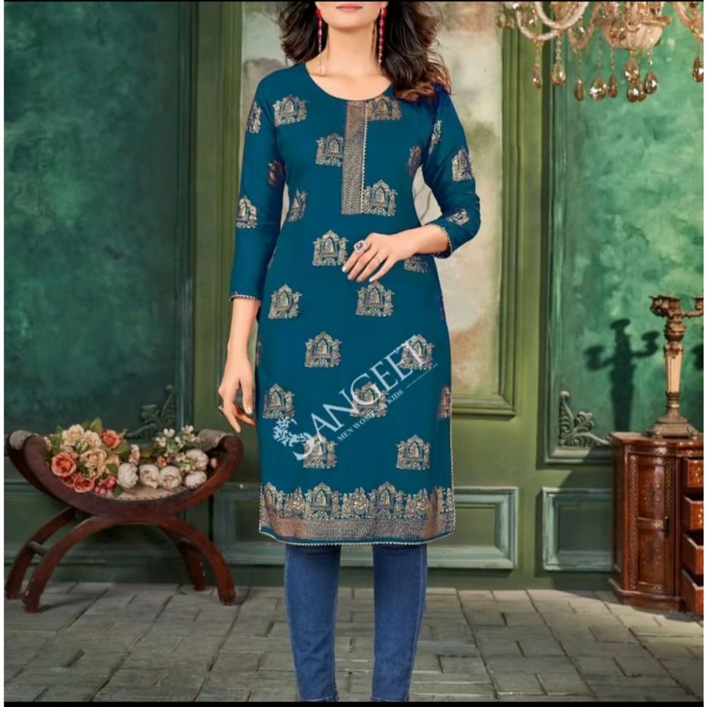 Amfyn Women's Rayon Foil Printed Straight Kurti (SeaGreen)