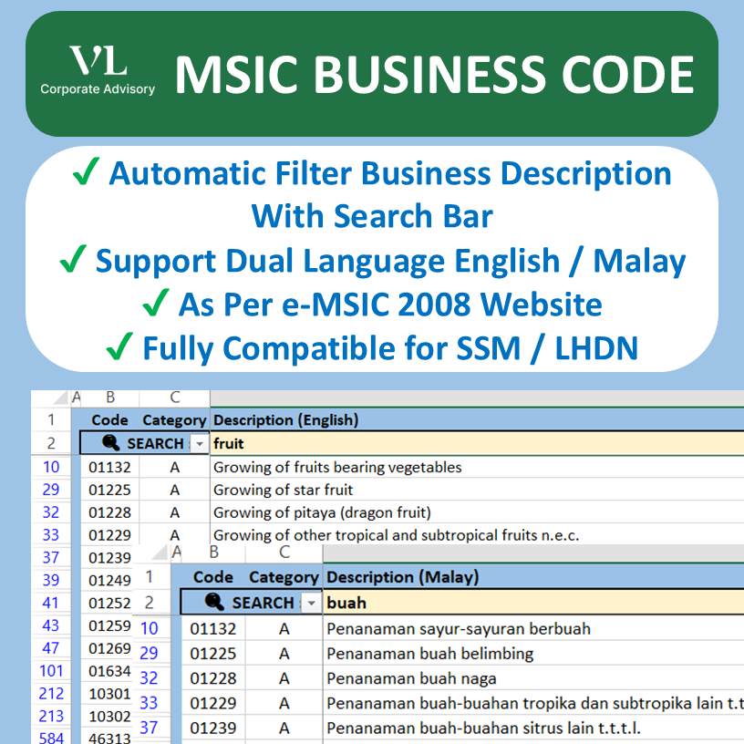 VL MSIC Business Code Filter / Search Excel Template Kod MSIC Kod ...