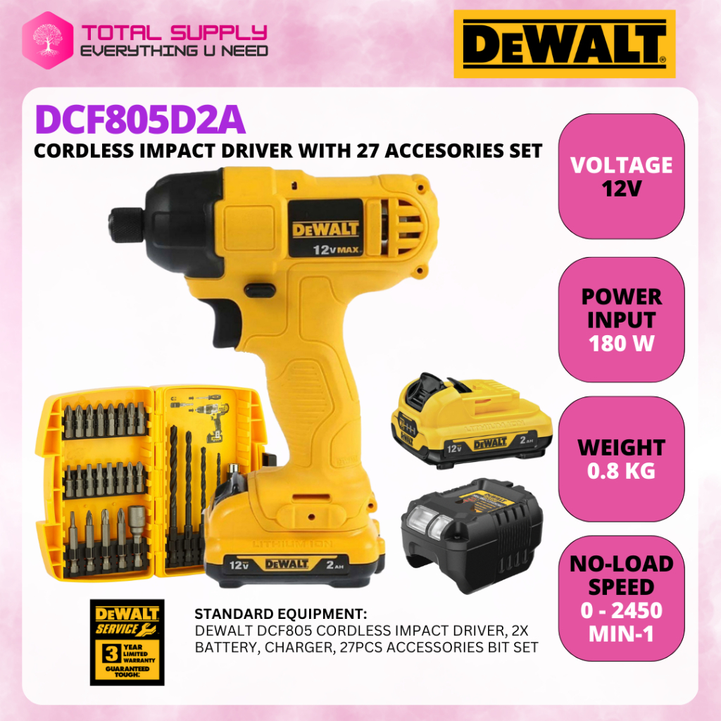 DEWALT DCF805D2A-B1 12V Cordless 1/4 Impact Driver With 27pcs Standard ...