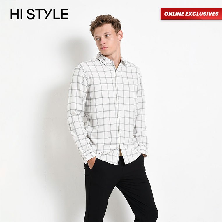 [Online Exclusives] HI STYLE Men Long Sleeve Checked Shirt - White ...