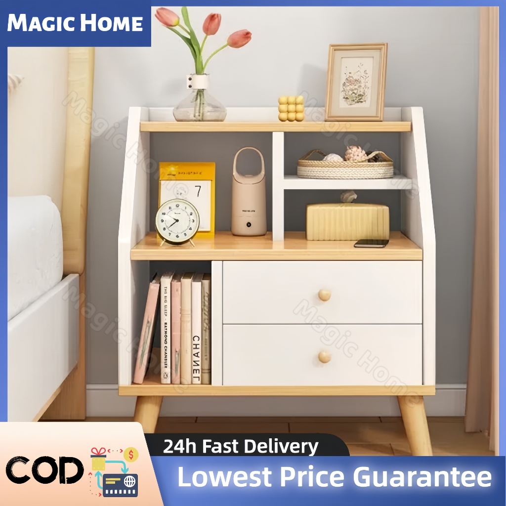 Magic Home-Wooden Bedside Table with Drawer and Desk shelf for Bedroom ...