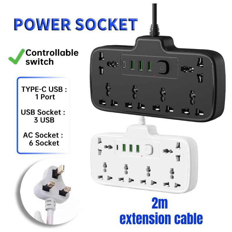 NEW 6 USB Port 3 Universal Power Strip Extension Plug Power Socket ...