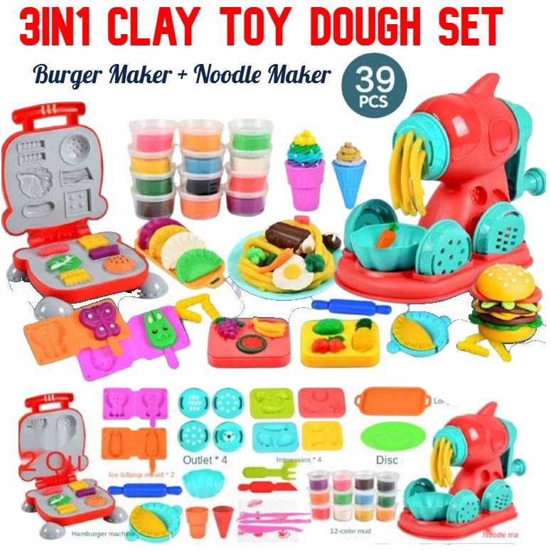 #ReadyStock 3in1 Combo Colour Clay Toy Dough Set Ais krim burger ...