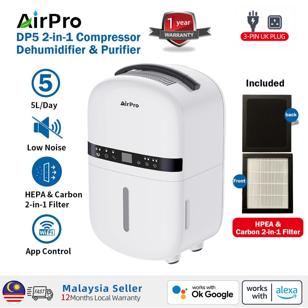 AirPro DP5 2-in-1 Dehumidifier & Purifier | 5L/Day | HEPA+Carbon ...