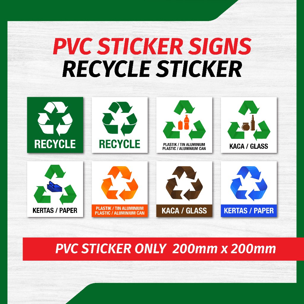 PVC Sticker Signs (20cmx20cm) Recycle Label Sign Trash Rubbish Bin ...