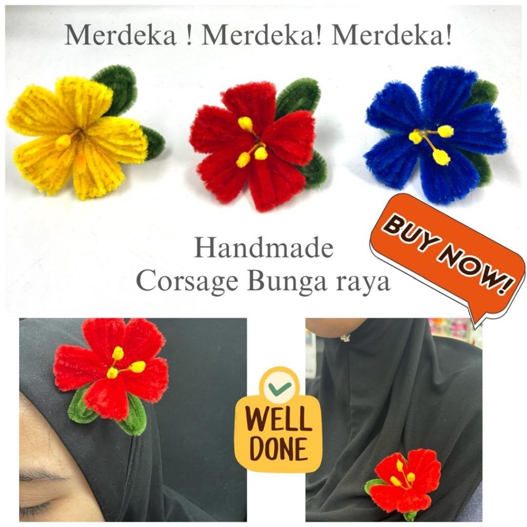 Handmade Corsage Bunga Raya/ Dawai Bulu/Merdeka/Malaysia Day/Pin Tudung ...