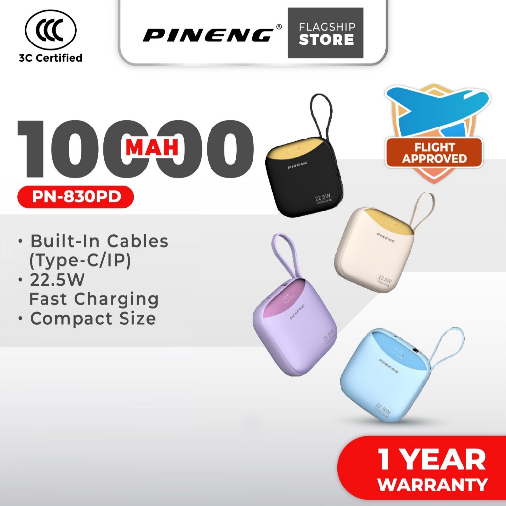 [3C Certified] Pineng PN-830PD 10000mAh 22.5W Fast Charge w/ Built-in Cable PN830 Pineng Powerbank