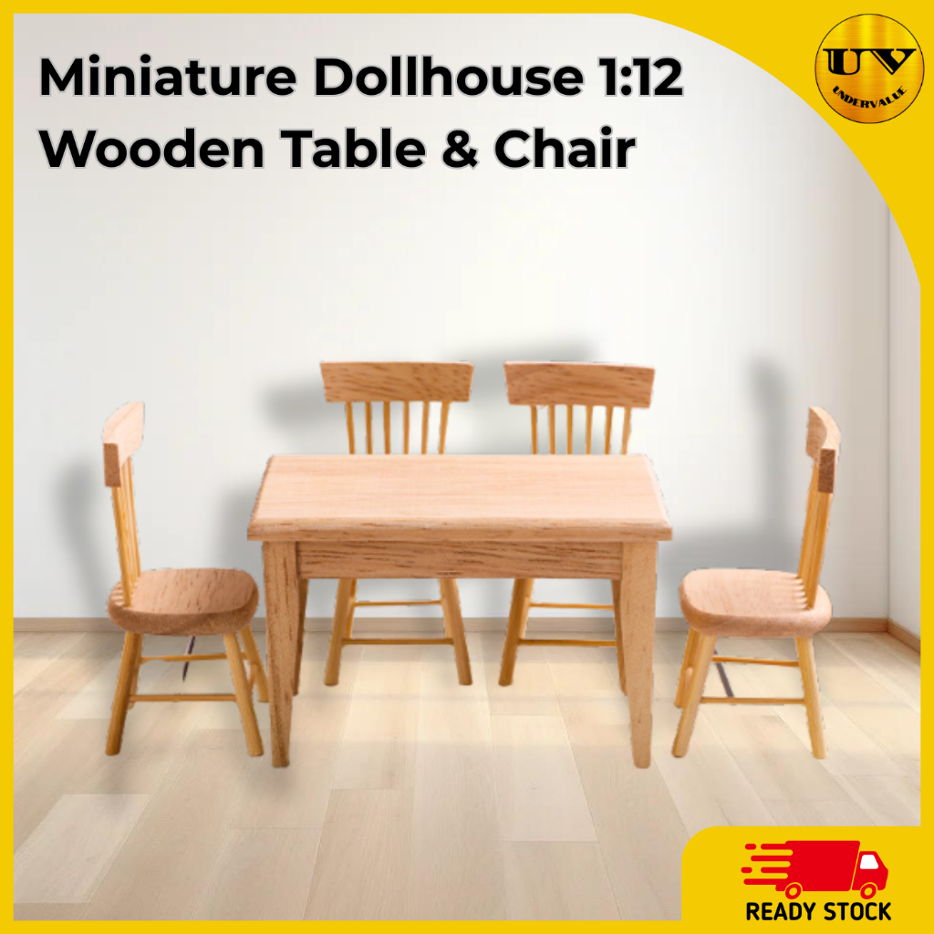 Miniature Model 1:12 Dollhouse Mini Dining Table and Chairs | Wooden ...