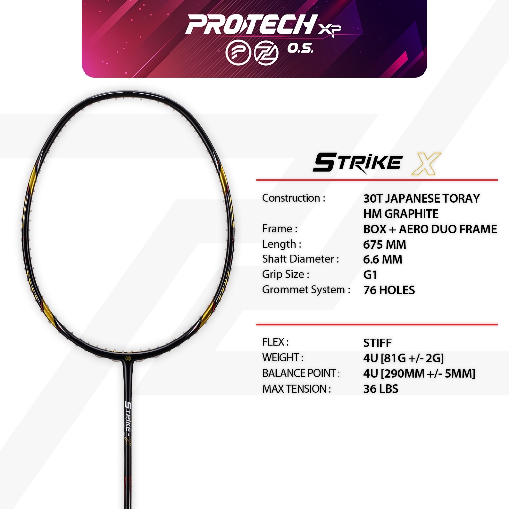 PROTECH STRIKE X (4UG1)(MAX 36LBS)(Advance Level) Badminton Racket ...