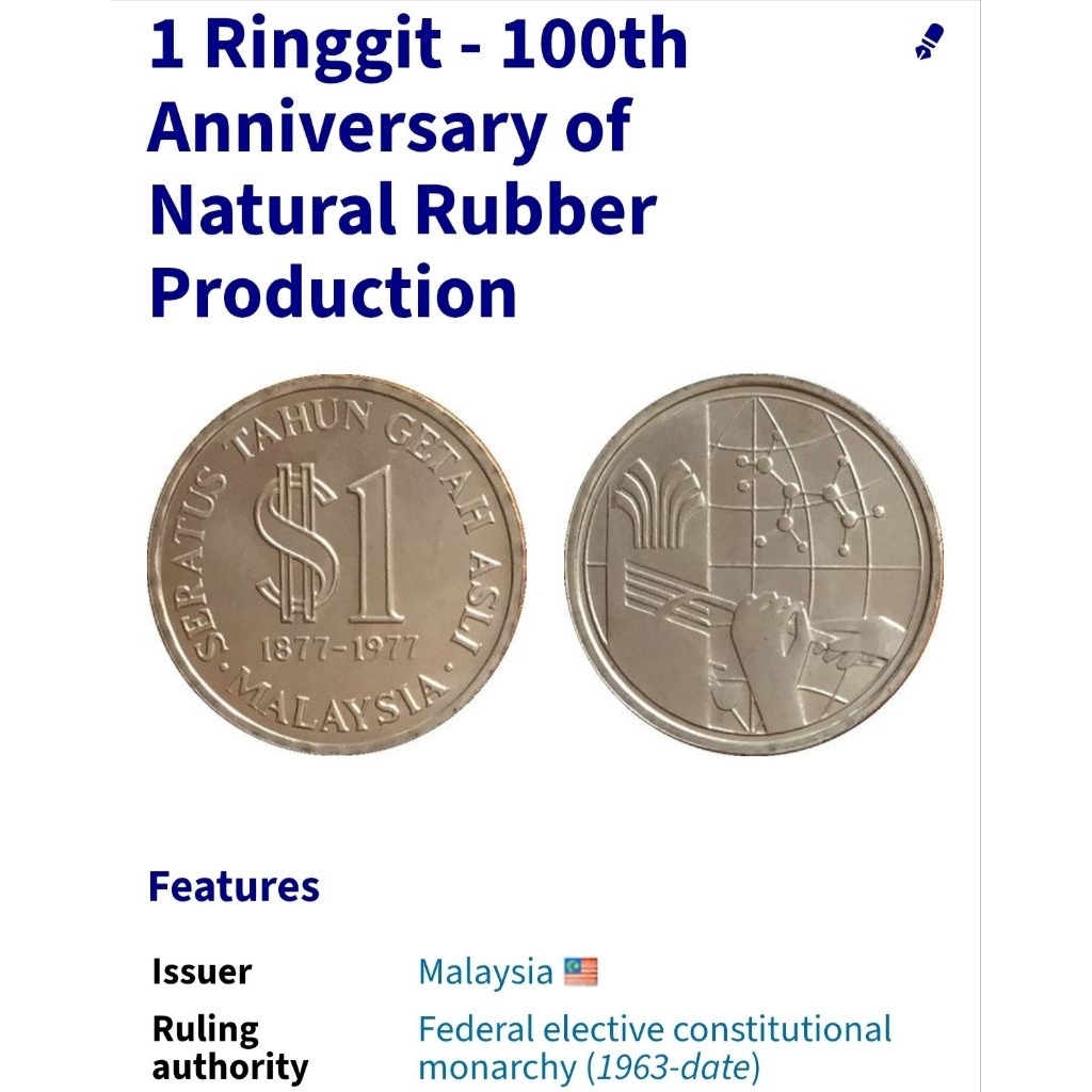 Rare Commemorative Coin of Malaysia: 1977 1 Ringgit (100 Years of ...