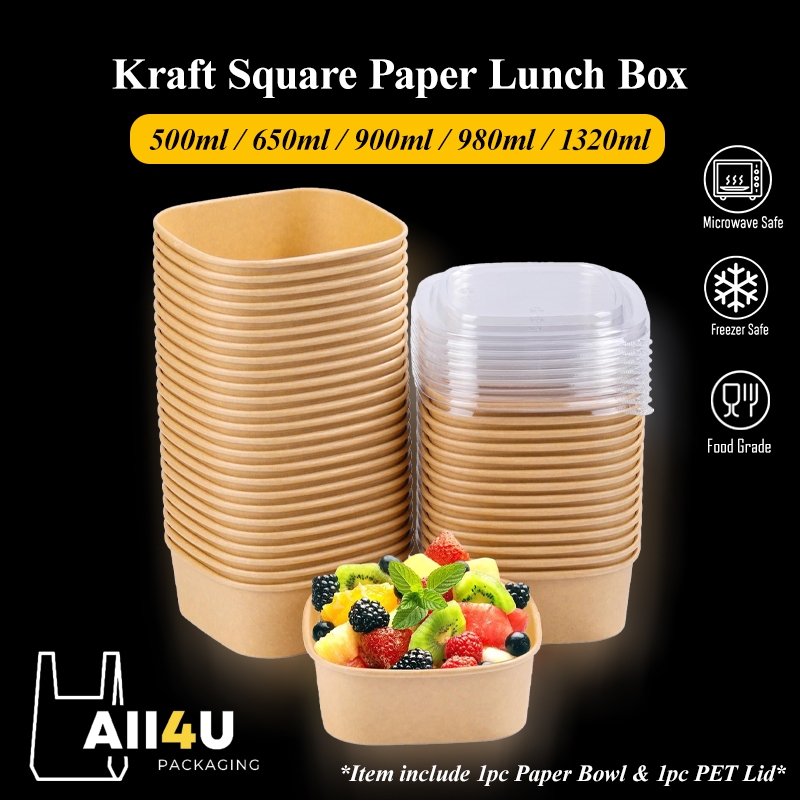 Premium Kraft Square Paper Bowl with PET Lid Paper Lunch Box Paper Food ...