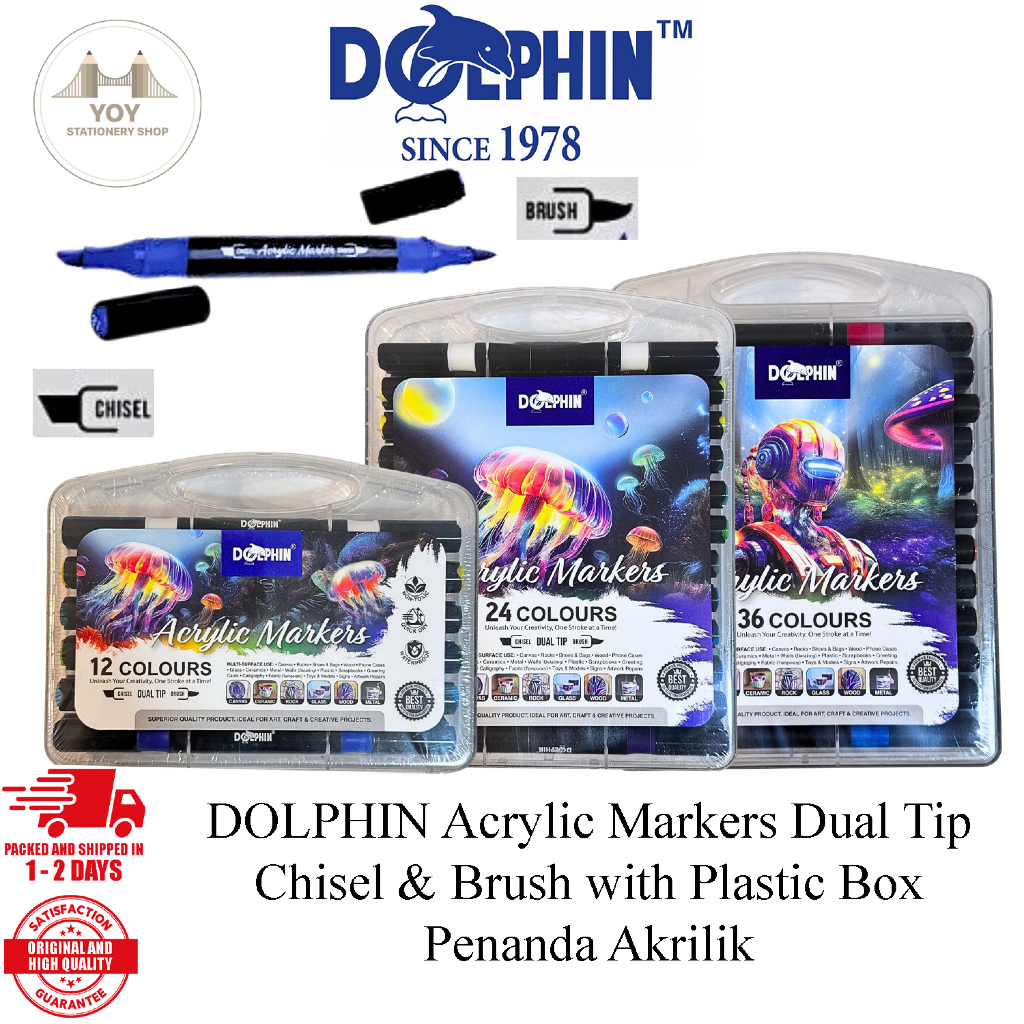 DOLPHIN Acrylic Markers Dual Tip Chisel & Brush with Plastic Box ...