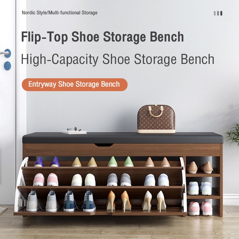 Bangku kasut Storage Bench Large Capacity Doorway Flap Shoe Rack Wooden ...