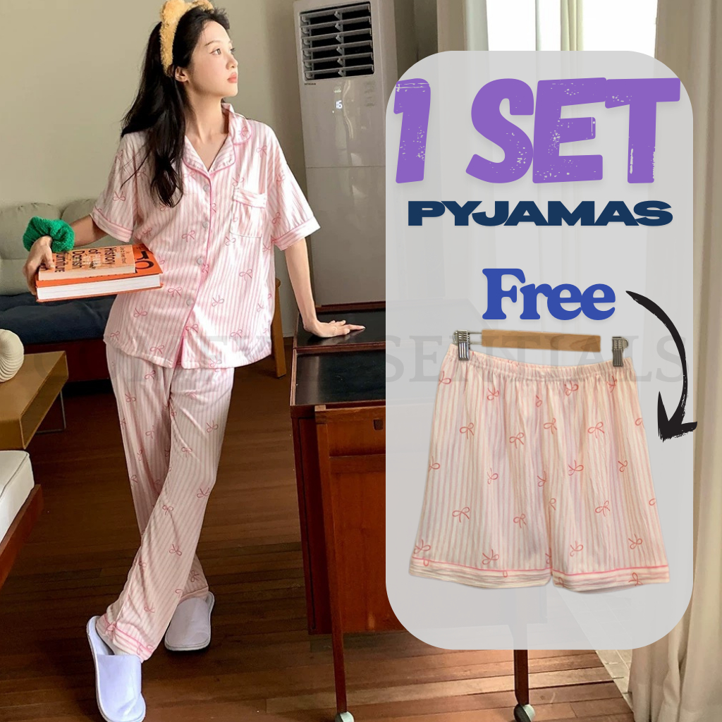 3 Pcs Set Pyjamas 2 Styles in 1 Synthetic Cotton Sleepwear Baju Tidur ...