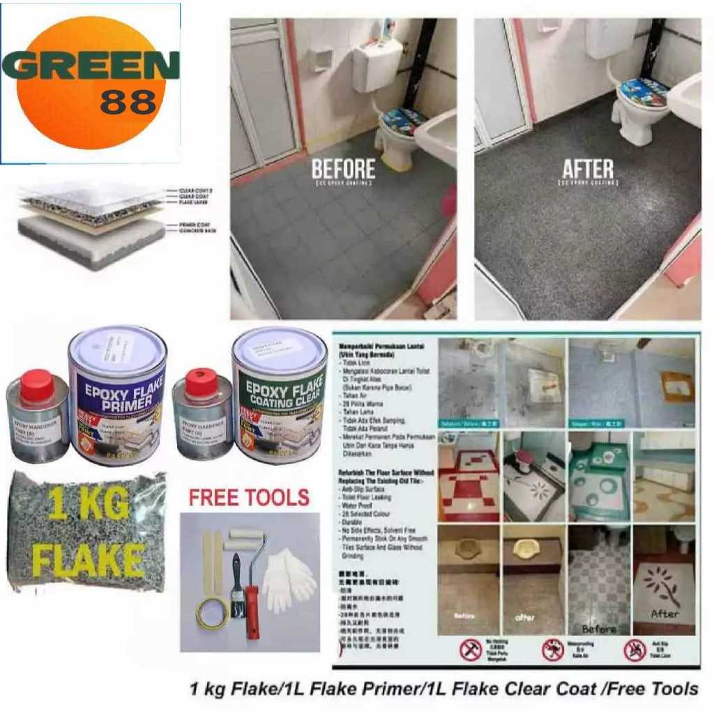 FULL SET (1L PRIMER/1L CLEAR / FLAKE / FREE TOOLS ) Epoxy Flake Coating ...